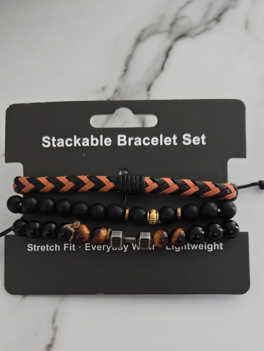 Mens Black and Brown Stackable Bracelet Set